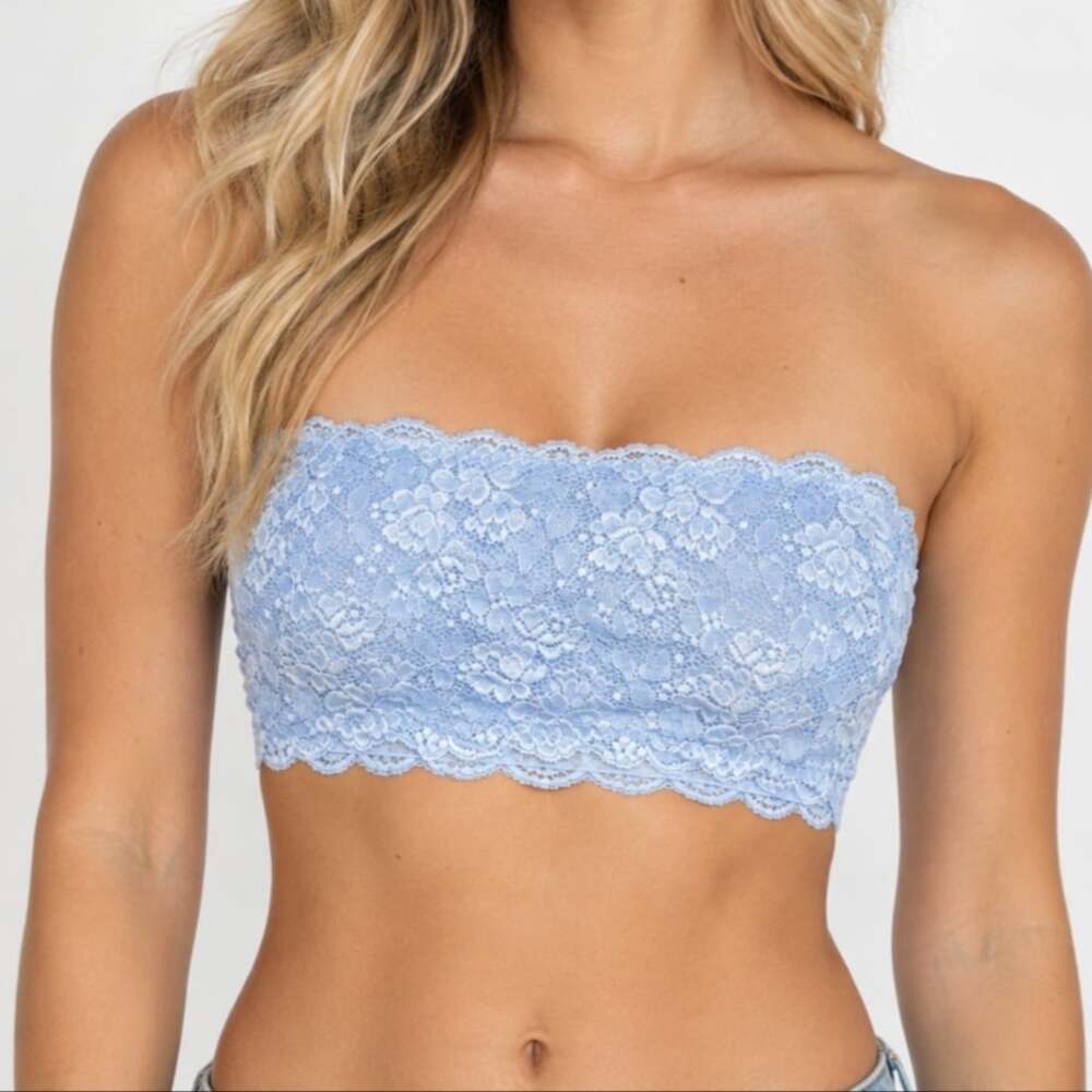 Strapless Light Blue Floral Lace Bandeau Bralette Crop Top